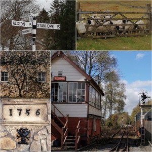 a collage of signs and sheep and old railway signal box